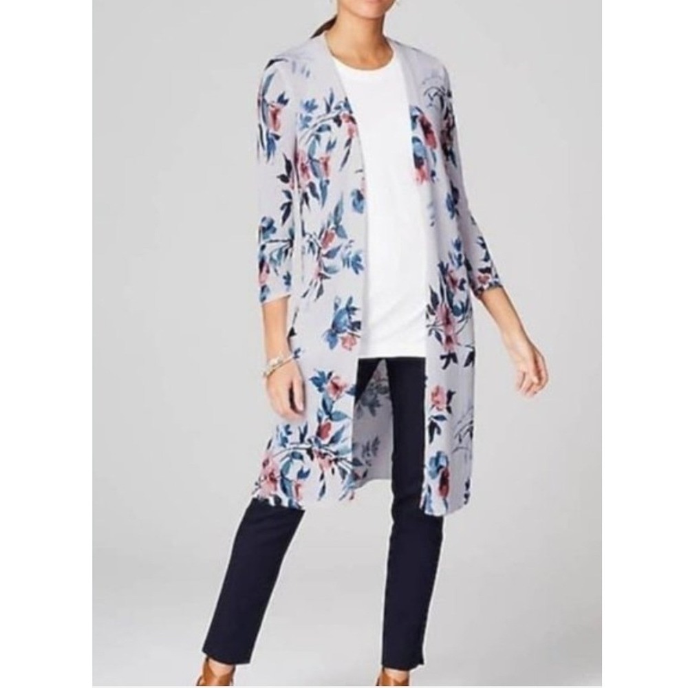 J. Jill Floral Linen Duster Cardigan Size S Ivory Blue Pink Open Front Coastal